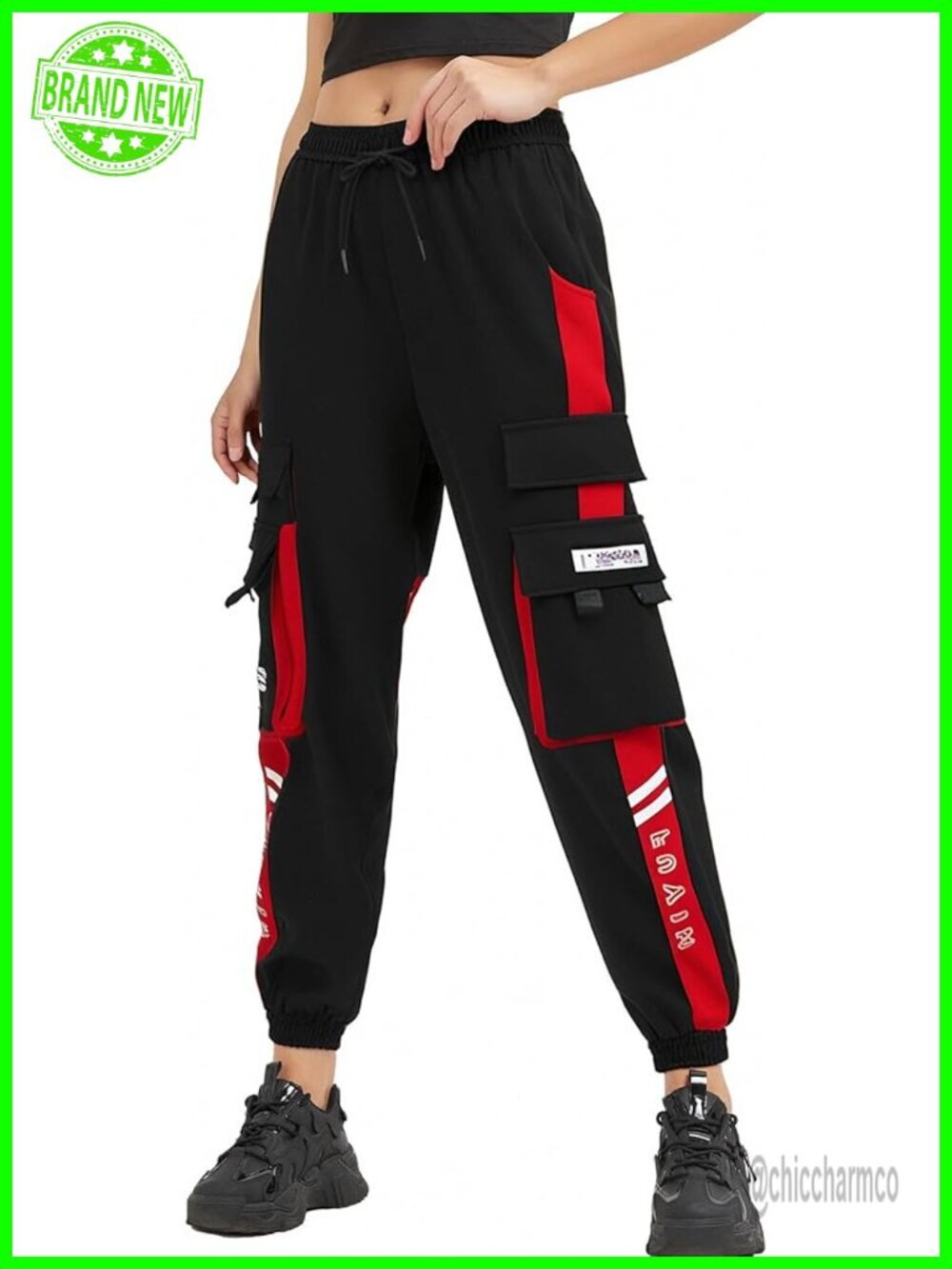 Straight Cargo Pants for Women, Baggy Hip-Hop Techwear, Elastic Waist Pockets